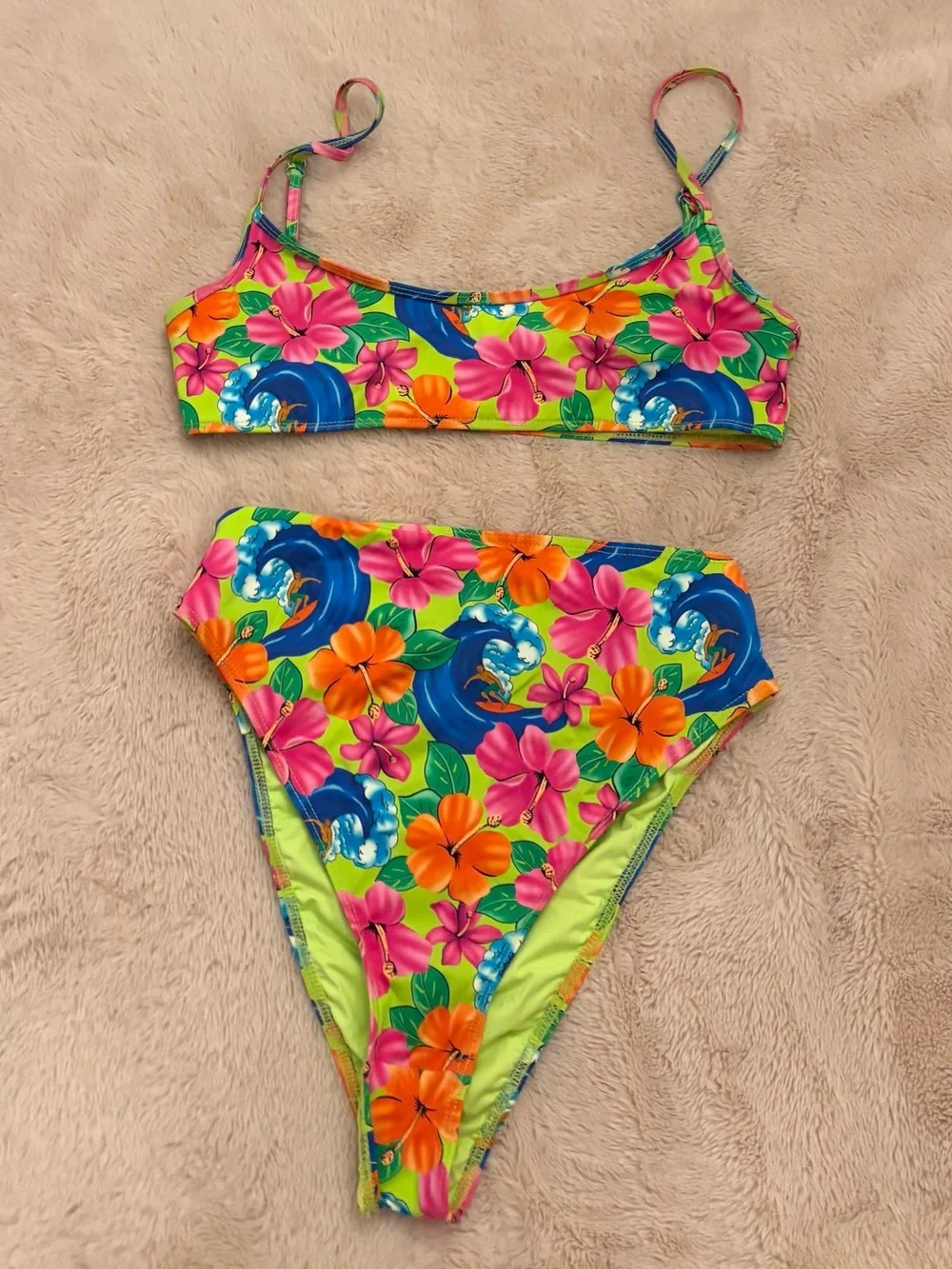 Frankie's Bikinis Tropical High-Waist Bikini Bottom - Pink, Blue, Green